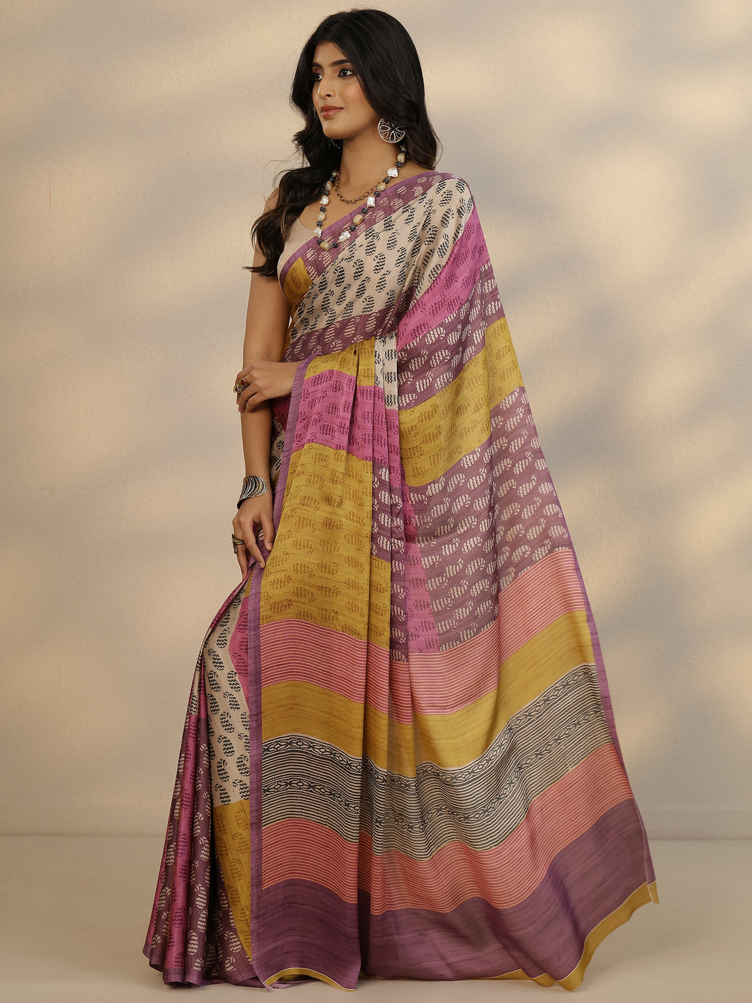  Multi Printed Satin Saree With Unstitched Blouse Piece 