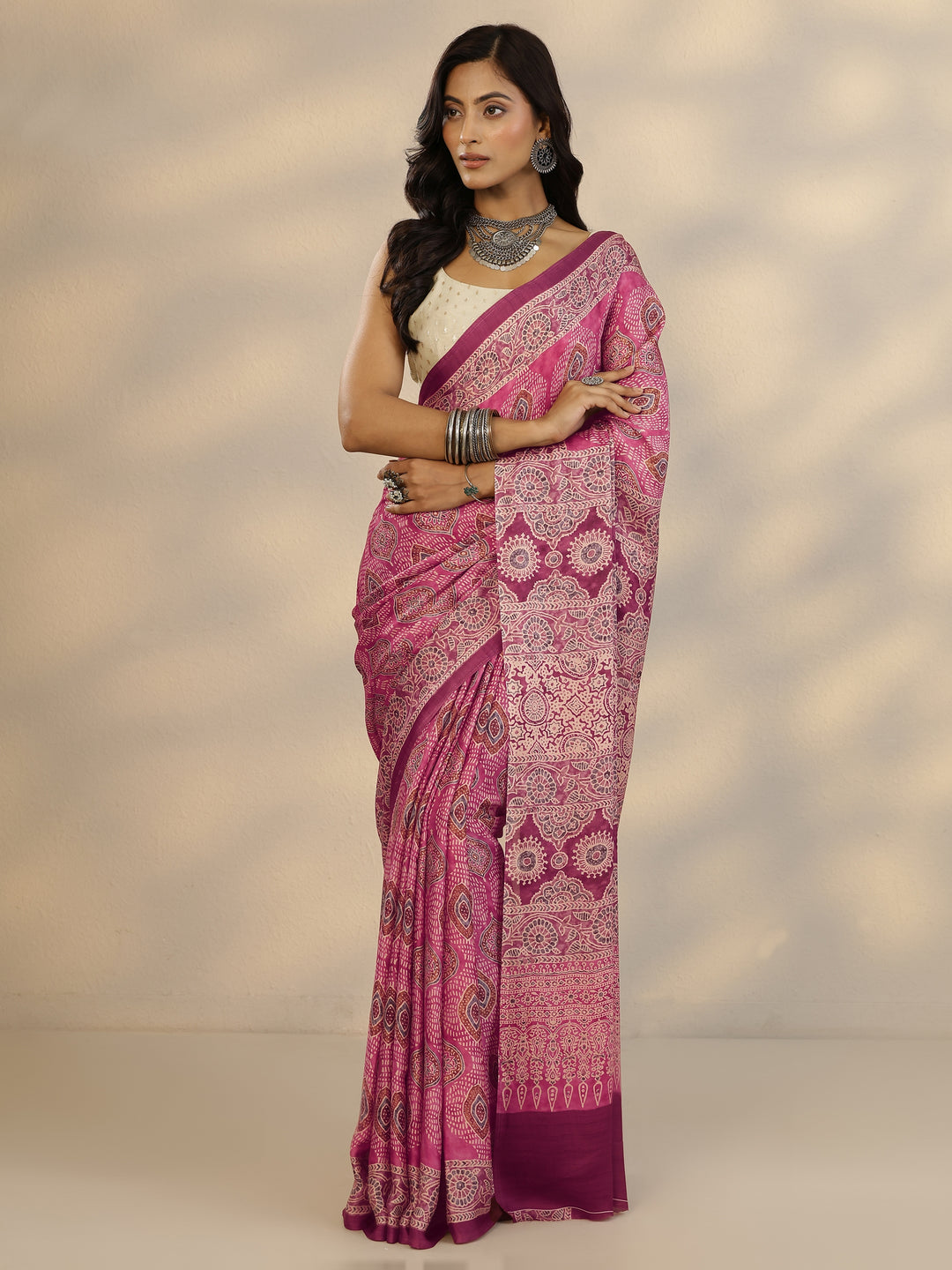  Pink Printed Satin Saree With Unstitched Blouse Piece 