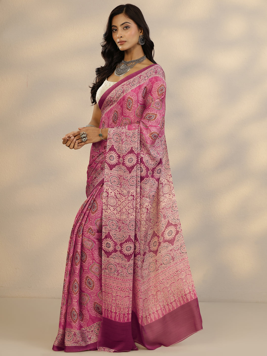  Pink Printed Satin Saree With Unstitched Blouse Piece 