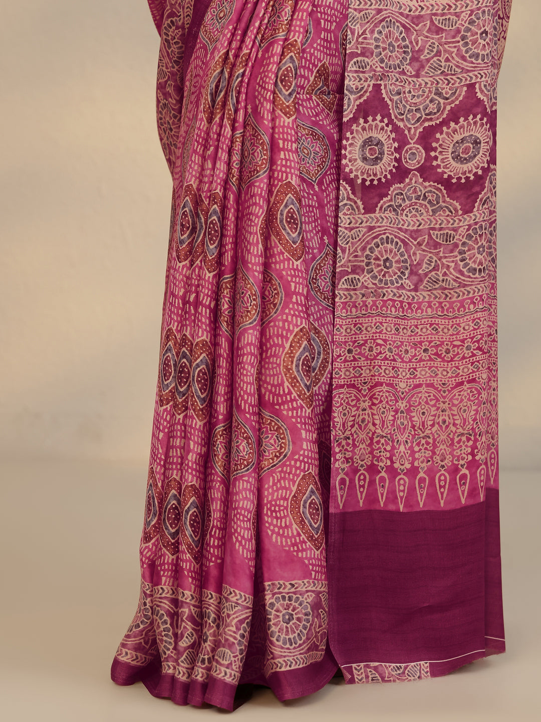  Pink Printed Satin Saree With Unstitched Blouse Piece 