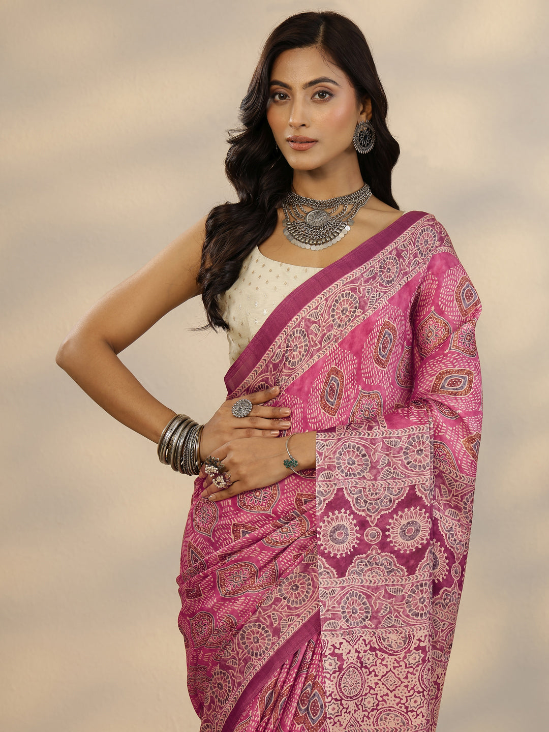  Pink Printed Satin Saree With Unstitched Blouse Piece 