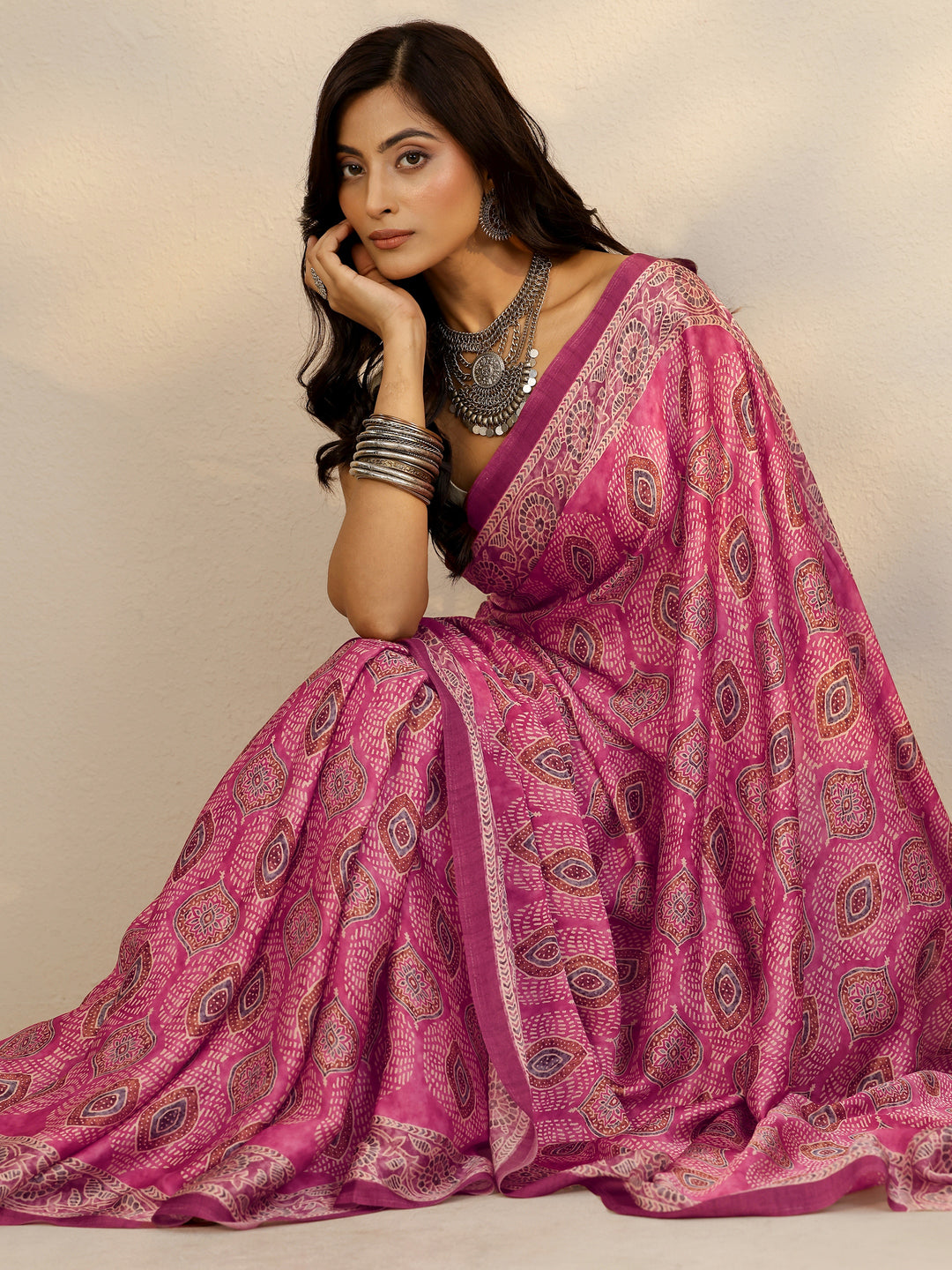  Pink Printed Satin Saree With Unstitched Blouse Piece 