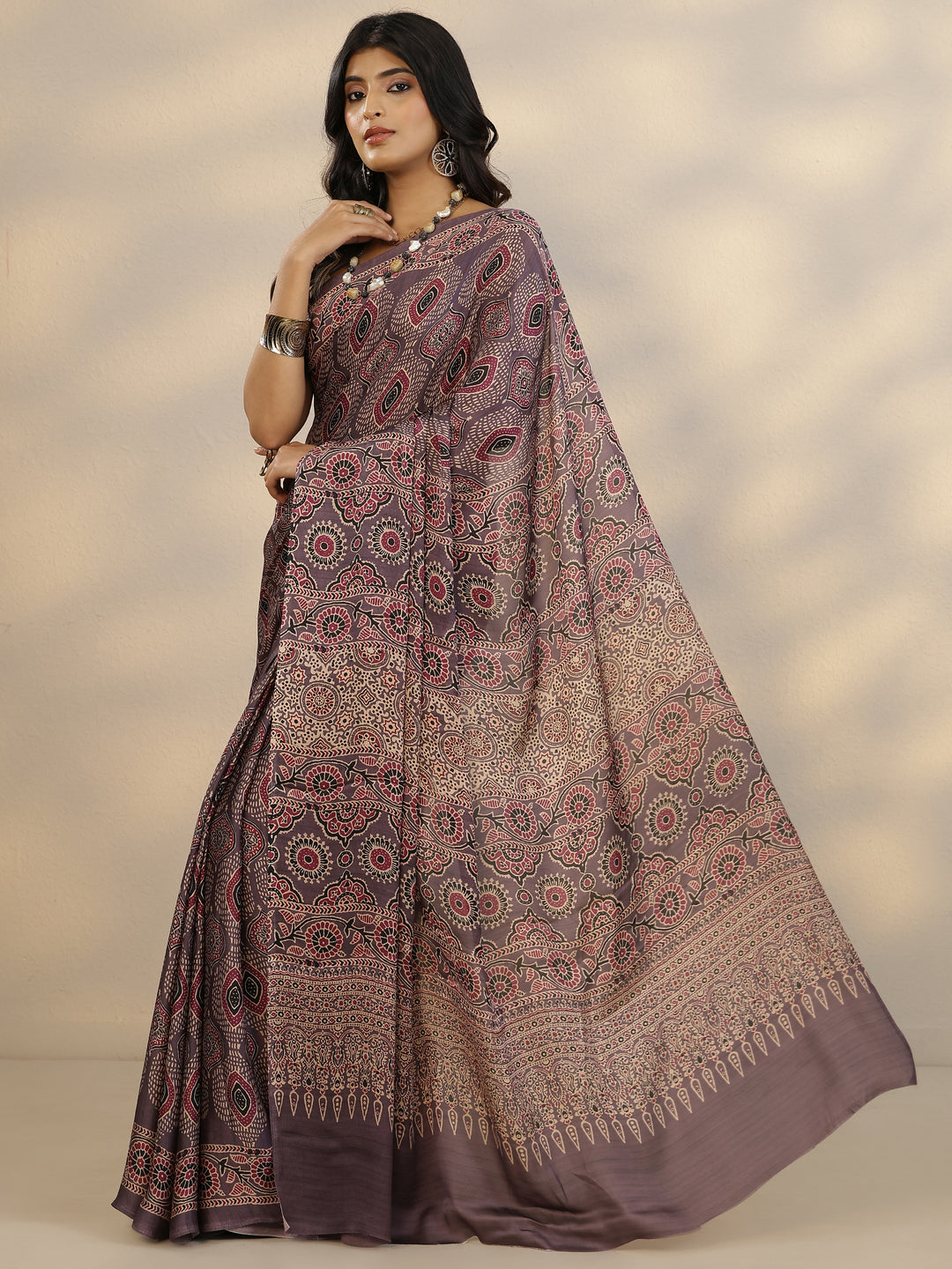 Purple Printed Satin Saree With Unstitched Blouse Piece 
