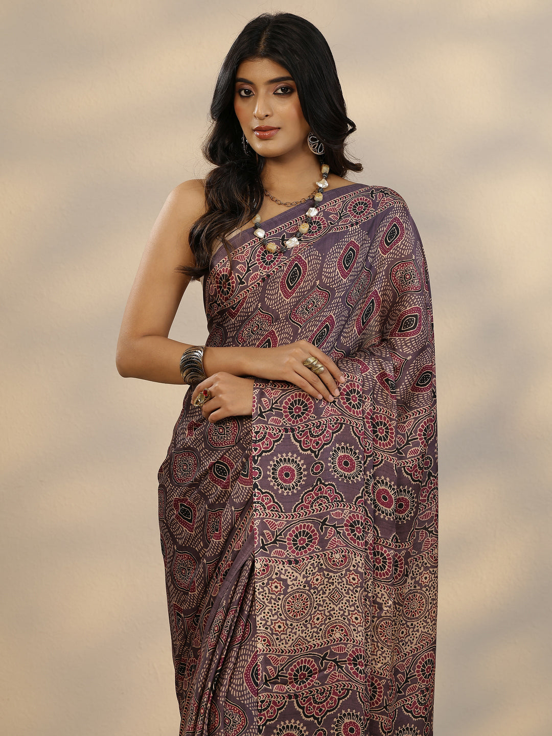  Purple Printed Satin Saree With Unstitched Blouse Piece 
