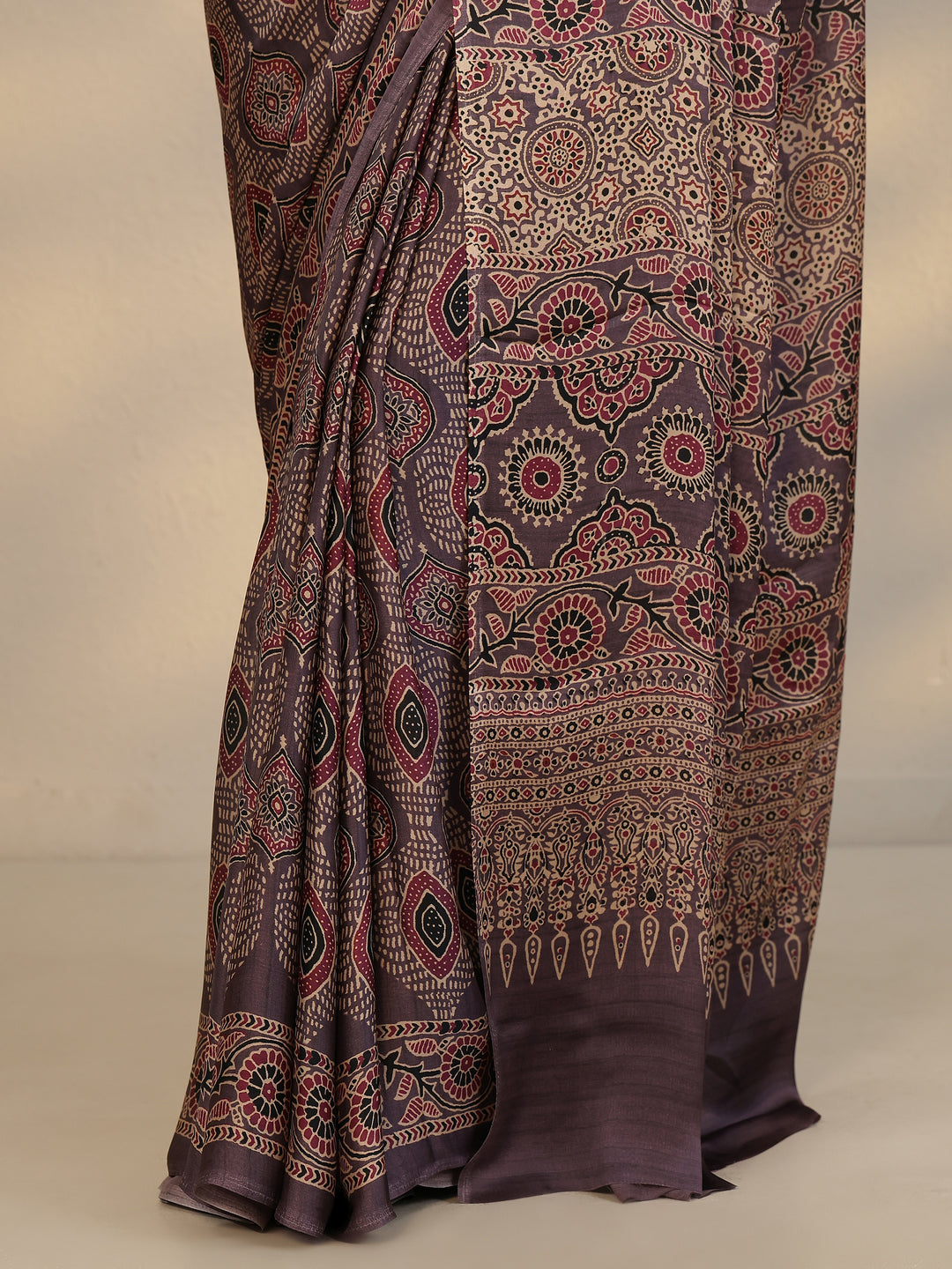  Purple Printed Satin Saree With Unstitched Blouse Piece 