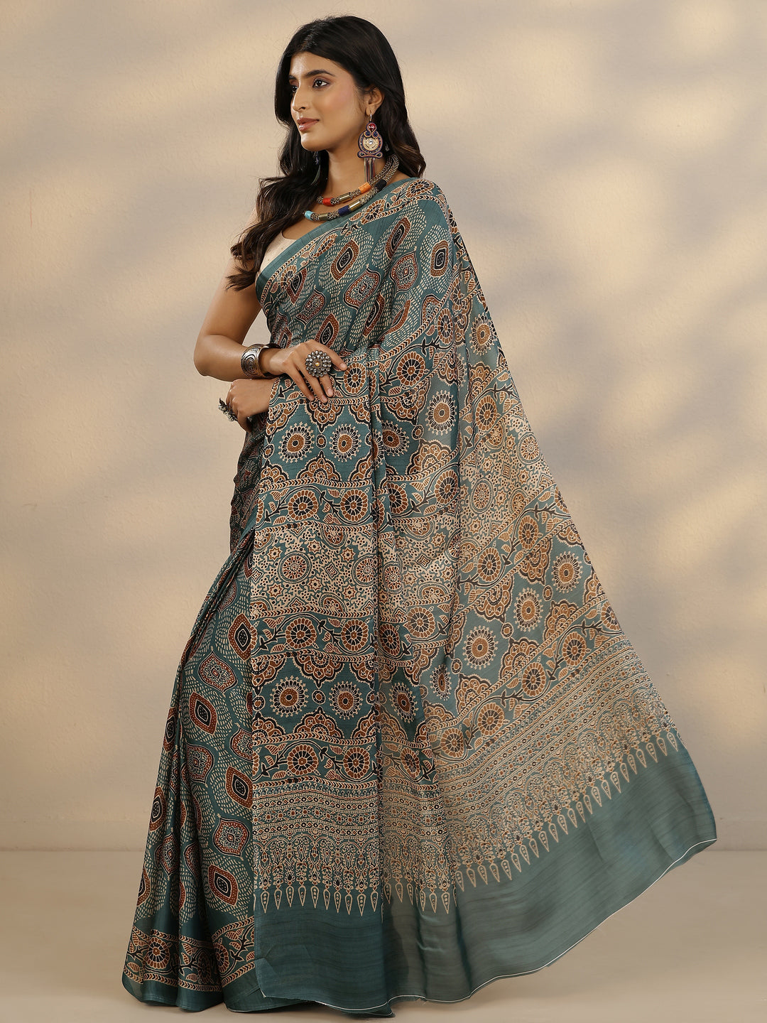  Green Printed Satin Saree With Unstitched Blouse Piece 