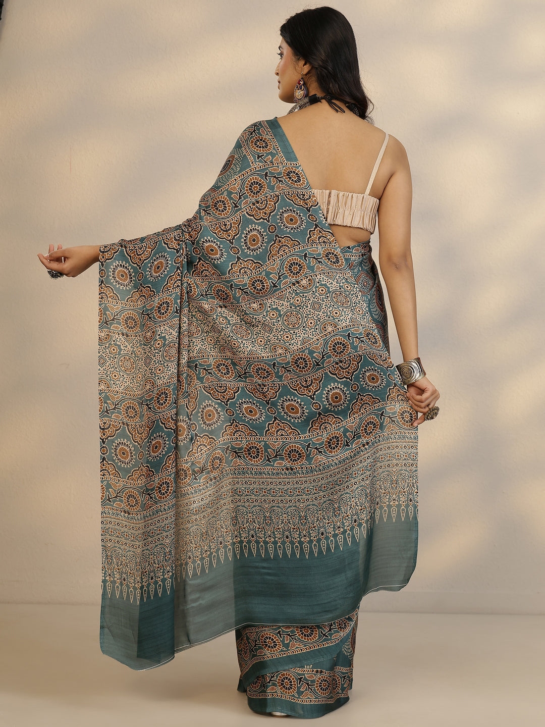  Green Printed Satin Saree With Unstitched Blouse Piece 