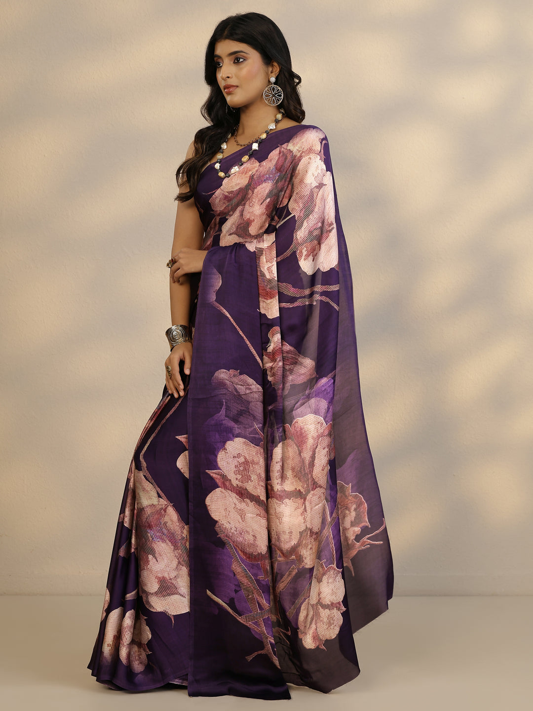  Purple Printed Satin Saree With Unstitched Blouse Piece 