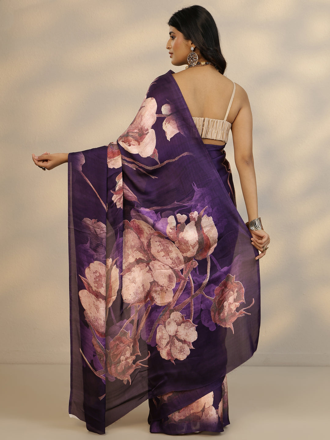  Purple Printed Satin Saree With Unstitched Blouse Piece 