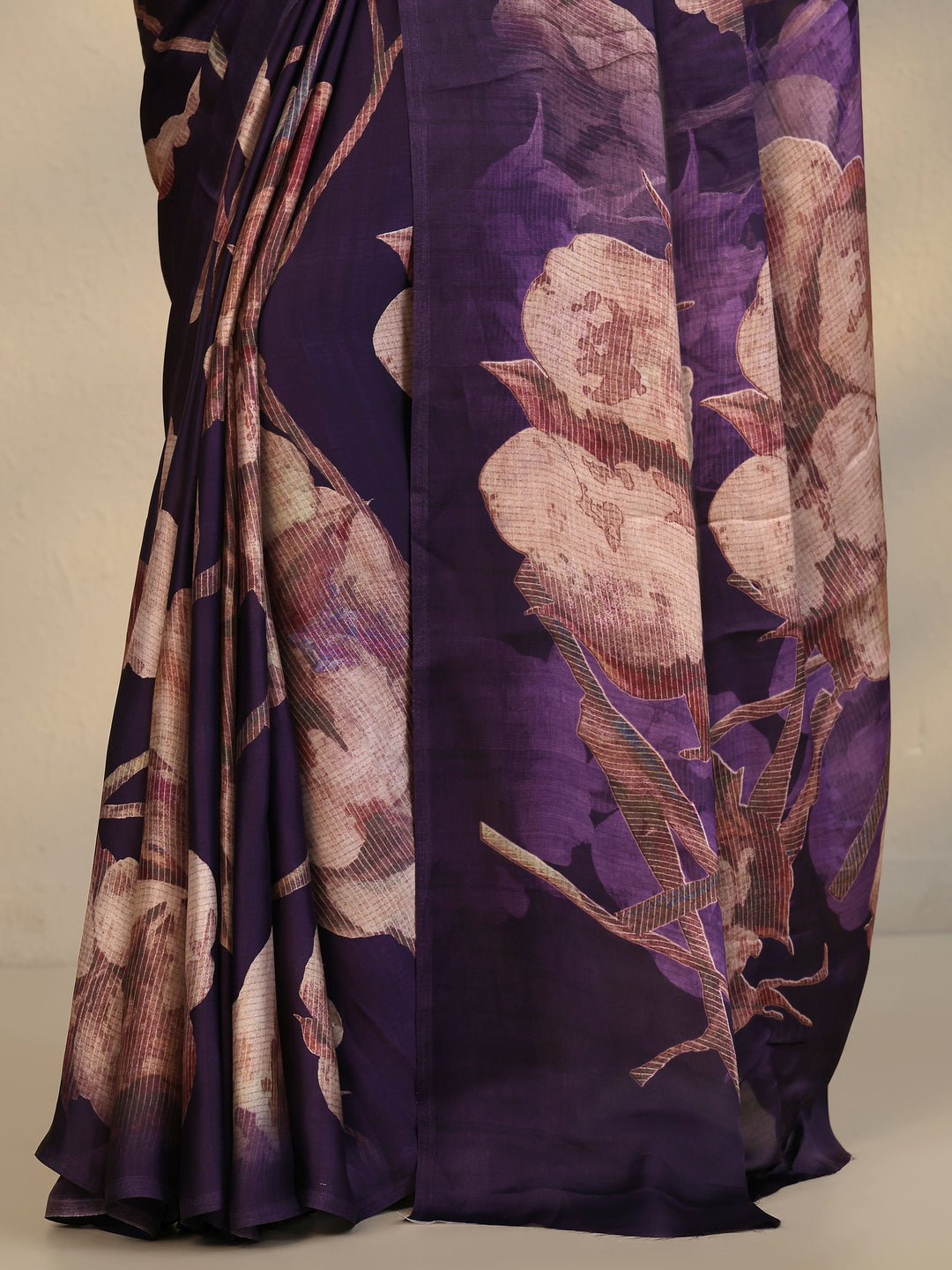 Purple Printed Satin Saree With Unstitched Blouse Piece 