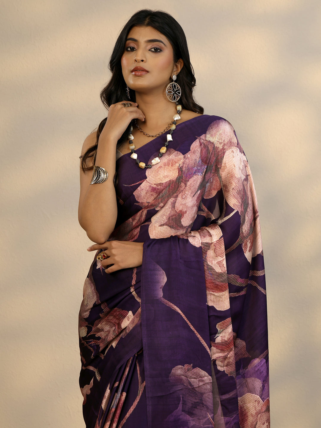  Purple Printed Satin Saree With Unstitched Blouse Piece 