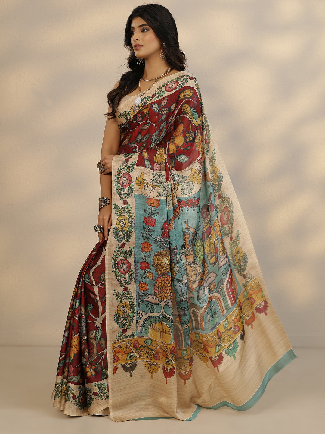  Red Printed Satin Saree With Unstitched Blouse Piece 