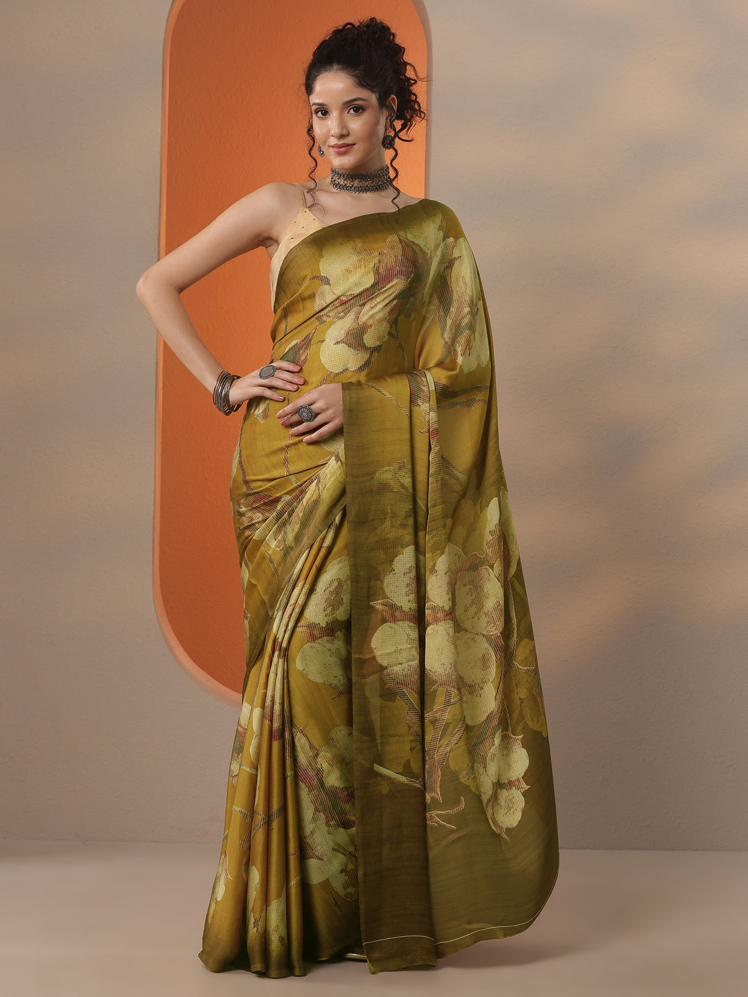 Mustard Printed Satin Saree With Unstitched Blouse Piece 