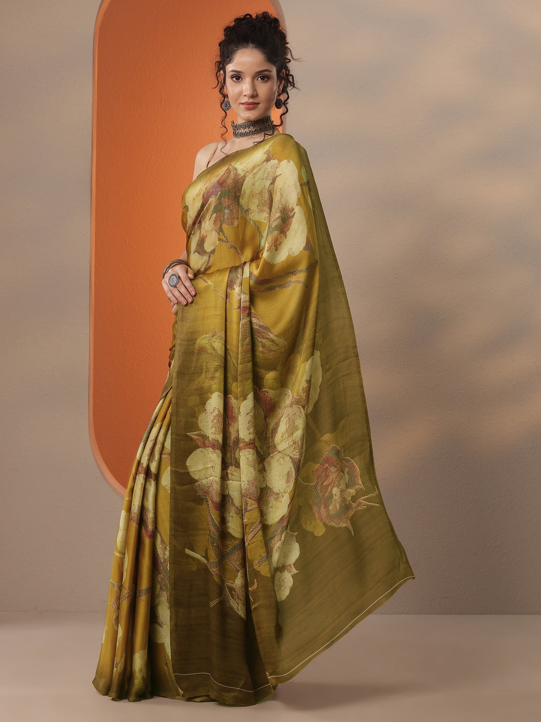  Mustard Printed Satin Saree With Unstitched Blouse Piece 