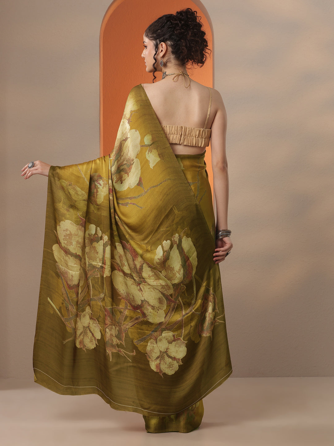  Mustard Printed Satin Saree With Unstitched Blouse Piece 