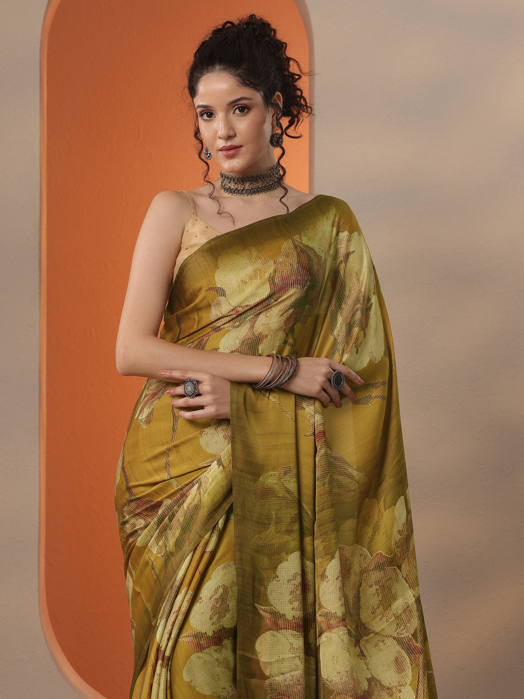  Mustard Printed Satin Saree With Unstitched Blouse Piece 