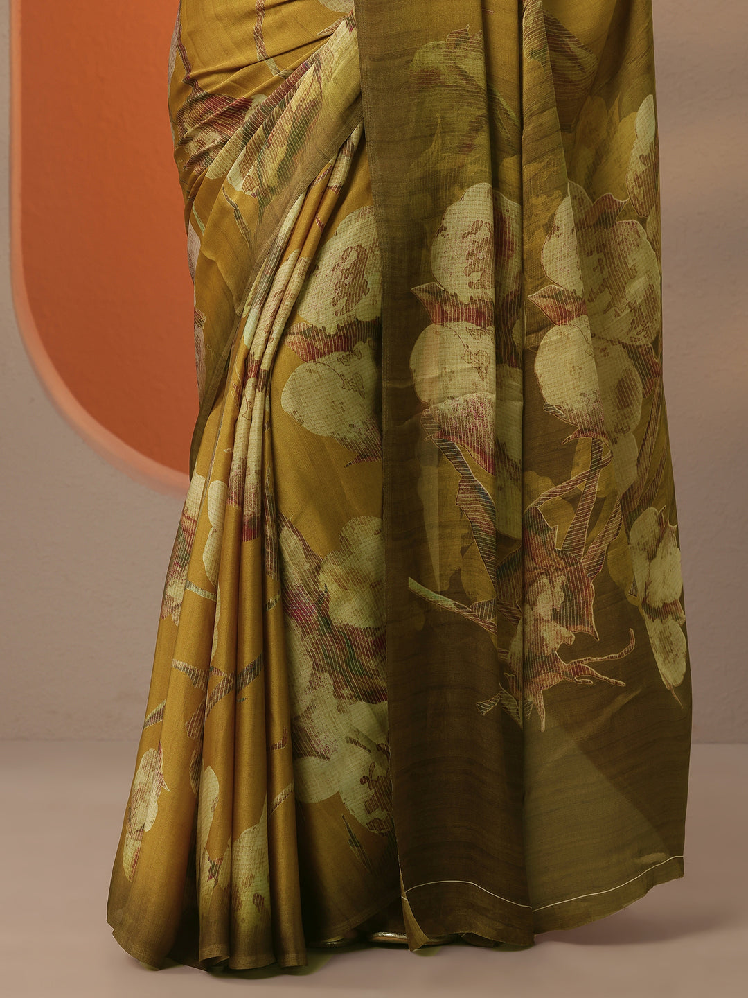  Mustard Printed Satin Saree With Unstitched Blouse Piece 