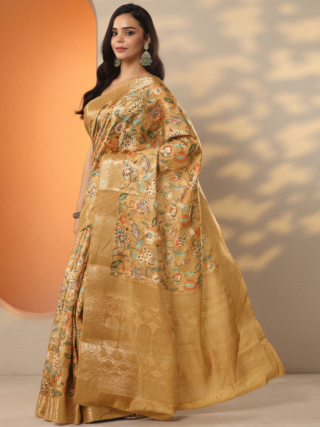  Mustard Printed Silk Blend Saree With Unstitched Blouse Piece 