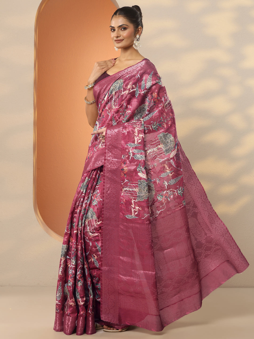  Maroon Printed Silk Blend Saree With Unstitched Blouse Piece 
