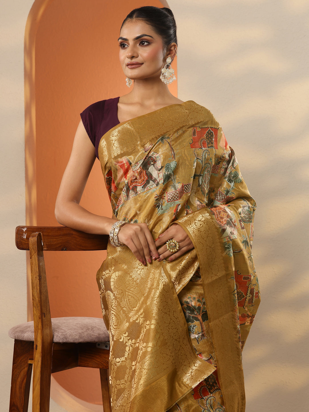 Mustard Tribal Printed Silk Blend Saree With Unstitched Blouse Piece