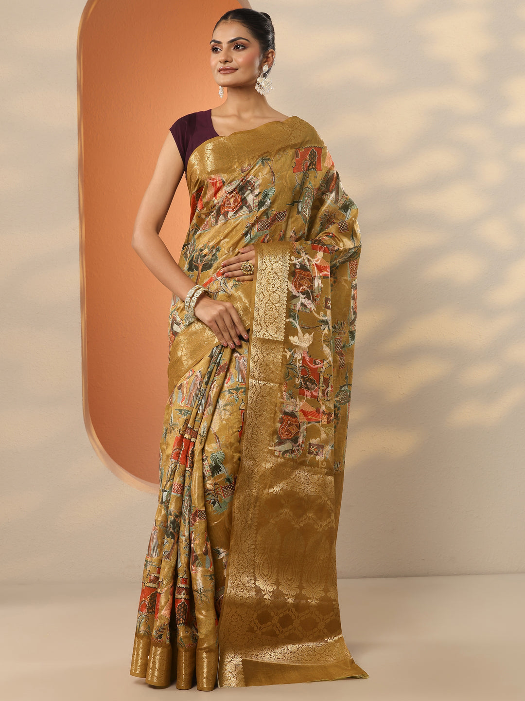  Mustard Tribal Printed Silk Blend Saree With Unstitched Blouse Piece 
