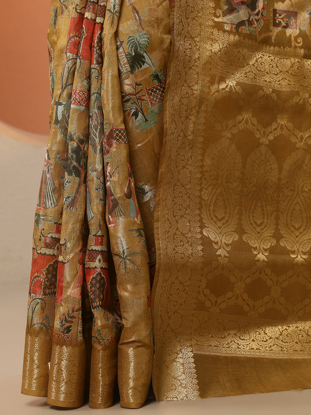  Mustard Tribal Printed Silk Blend Saree With Unstitched Blouse Piece 