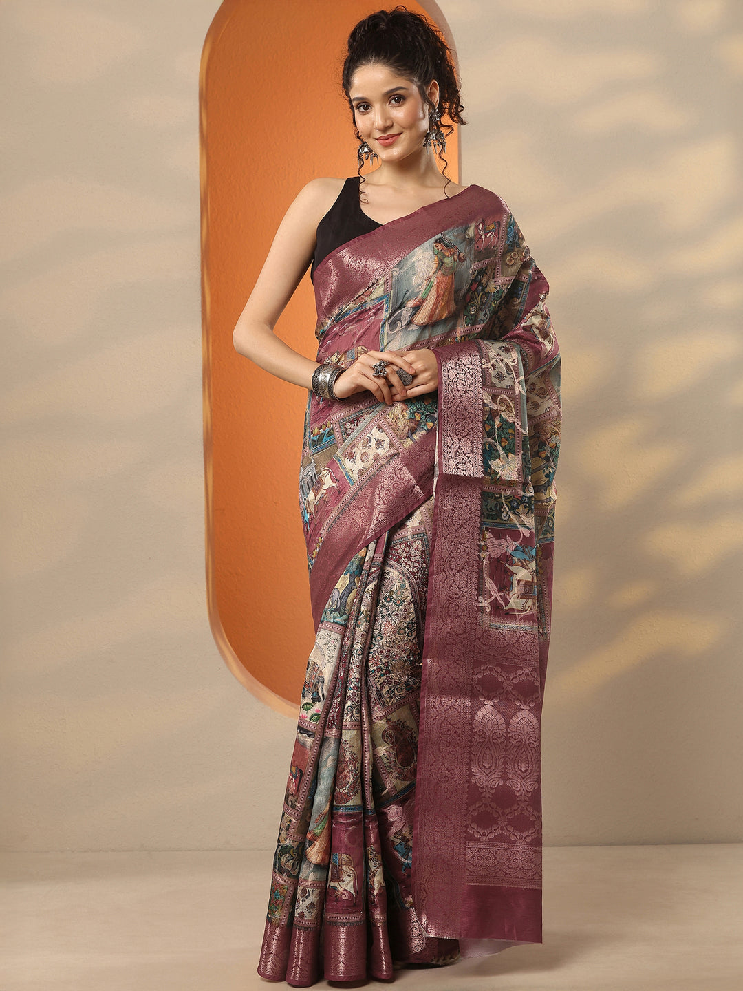  Multi Tribal Printed Silk Blend Saree With Unstitched Blouse Piece 