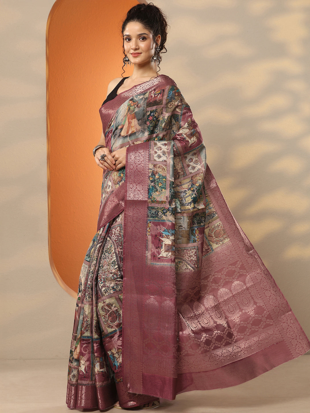  Multi Tribal Printed Silk Blend Saree With Unstitched Blouse Piece 