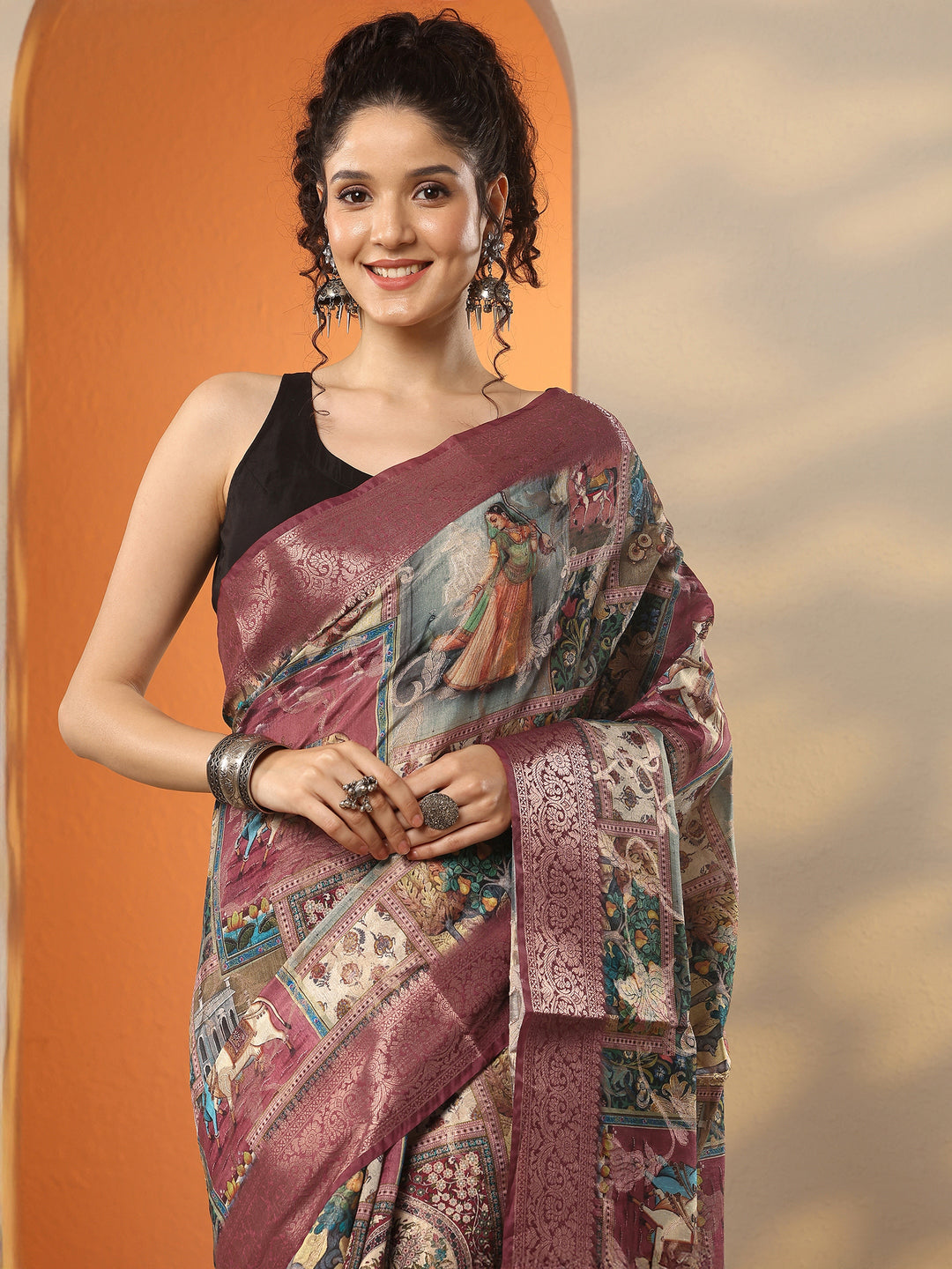  Multi Tribal Printed Silk Blend Saree With Unstitched Blouse Piece 