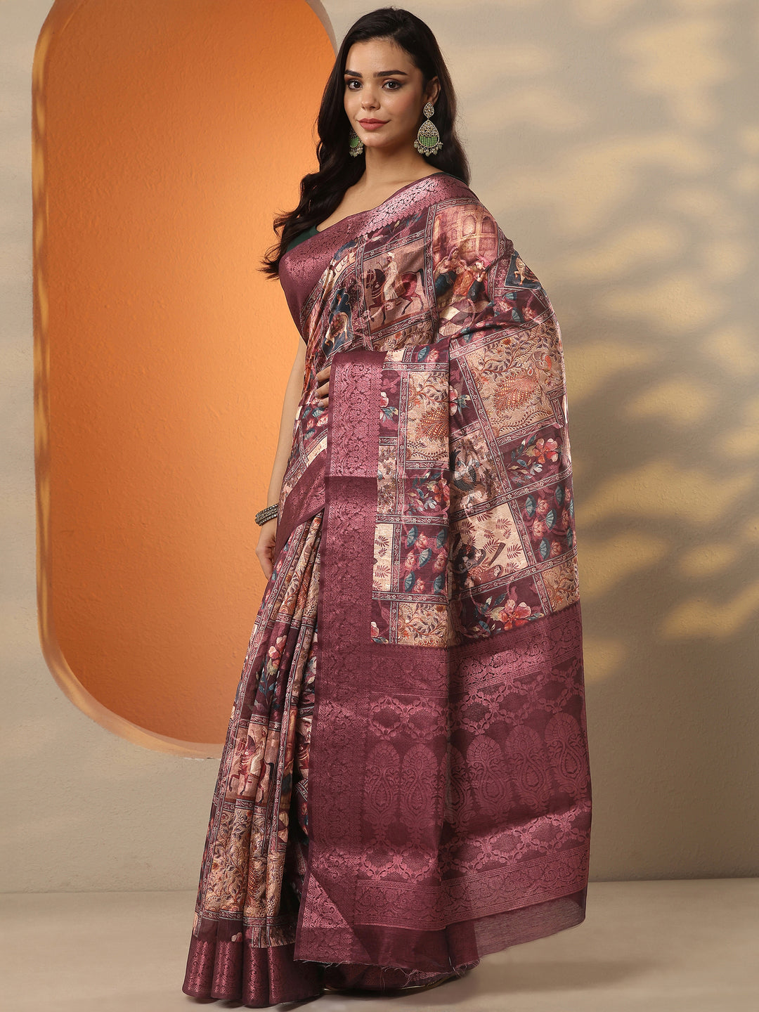  Burgundy Printed Silk Blend Saree With Unstitched Blouse Piece 