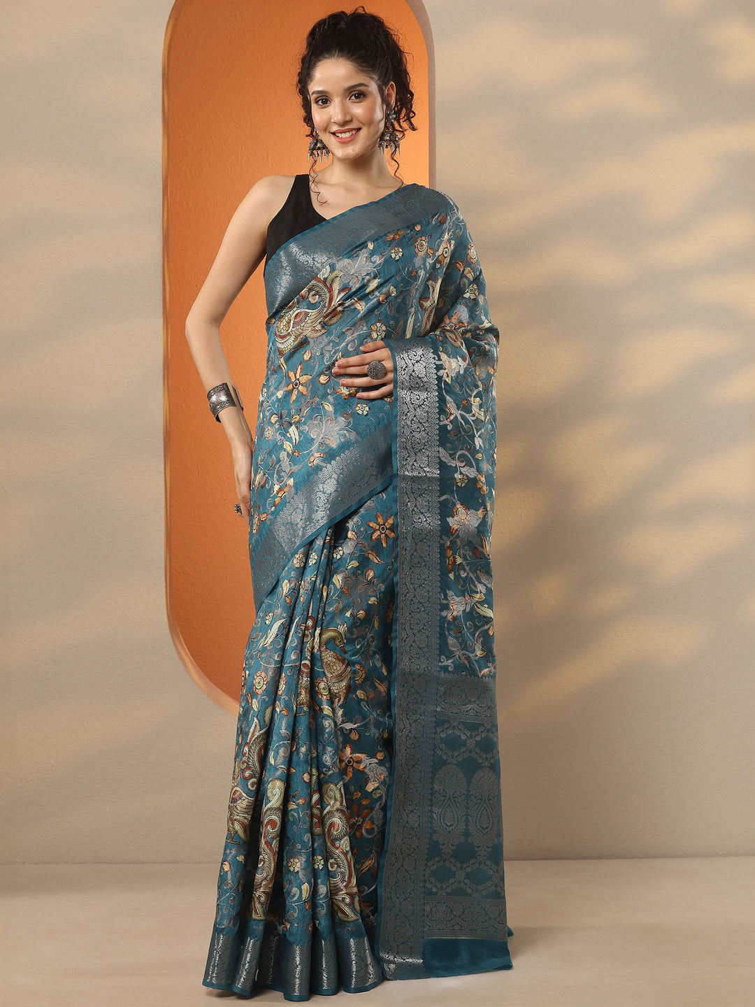  Blue Printed Silk Blend Saree With Unstitched Blouse Piece 