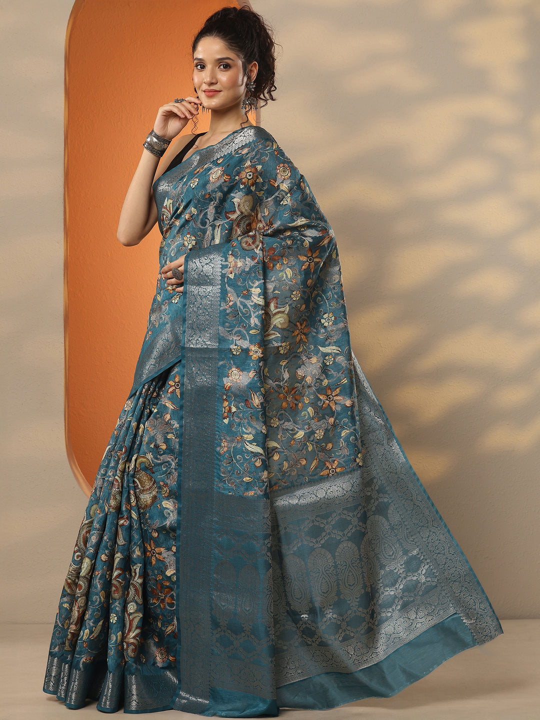  Blue Printed Silk Blend Saree With Unstitched Blouse Piece 