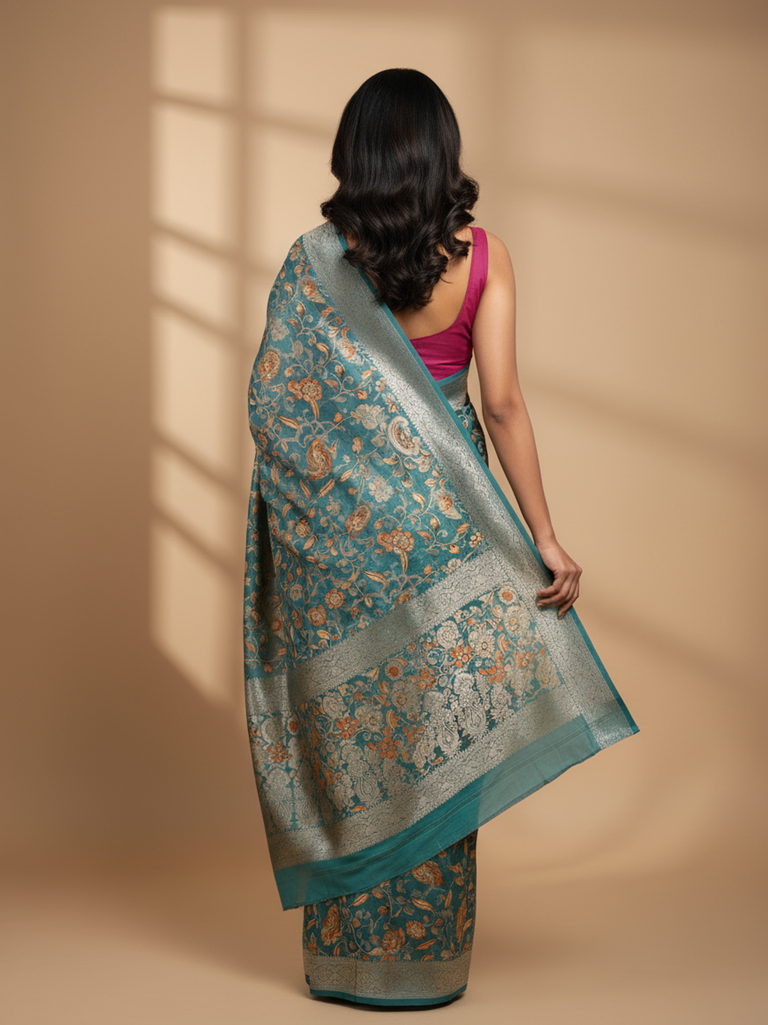  Blue Printed Silk Blend Saree With Unstitched Blouse Piece 