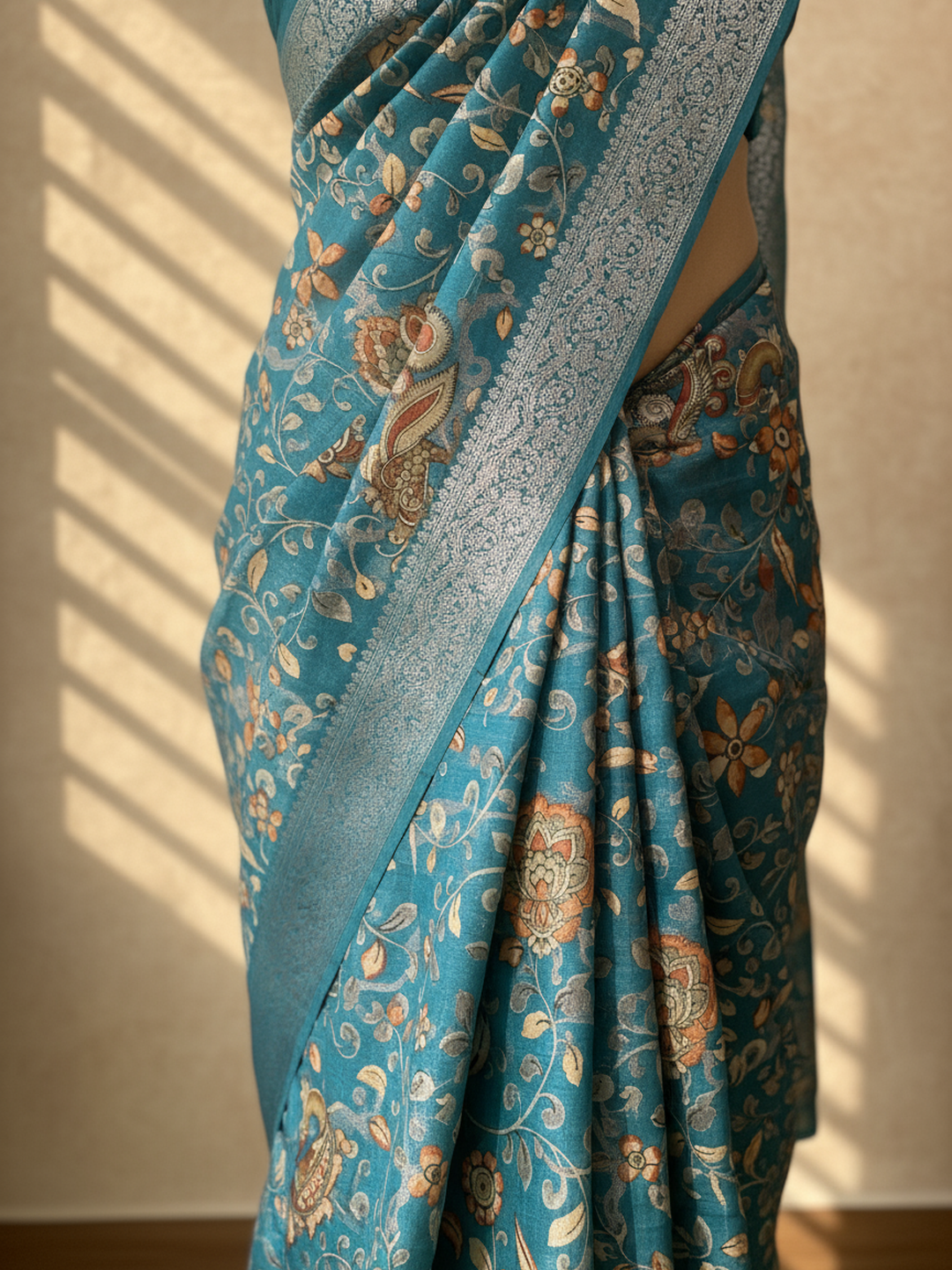  Blue Printed Silk Blend Saree With Unstitched Blouse Piece 