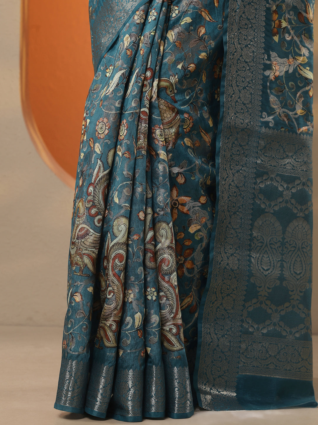  Blue Printed Silk Blend Saree With Unstitched Blouse Piece 