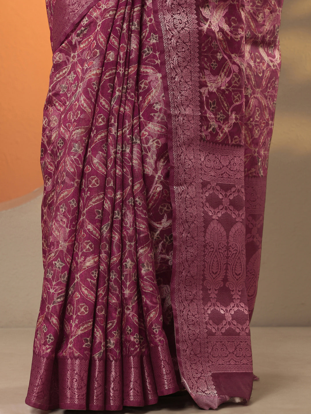  Burgundy Printed Silk Blend Saree With Unstitched Blouse Piece 