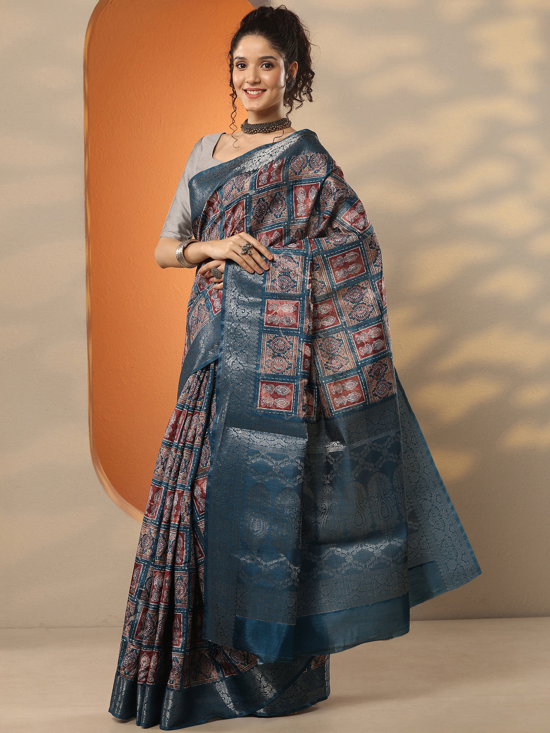 Blue Printed Silk Blend Saree With Unstitched Blouse Piece 