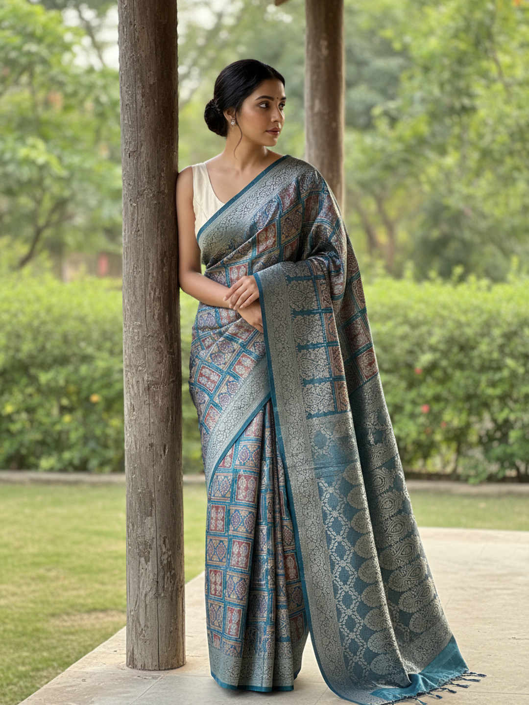  Blue Printed Silk Blend Saree With Unstitched Blouse Piece 