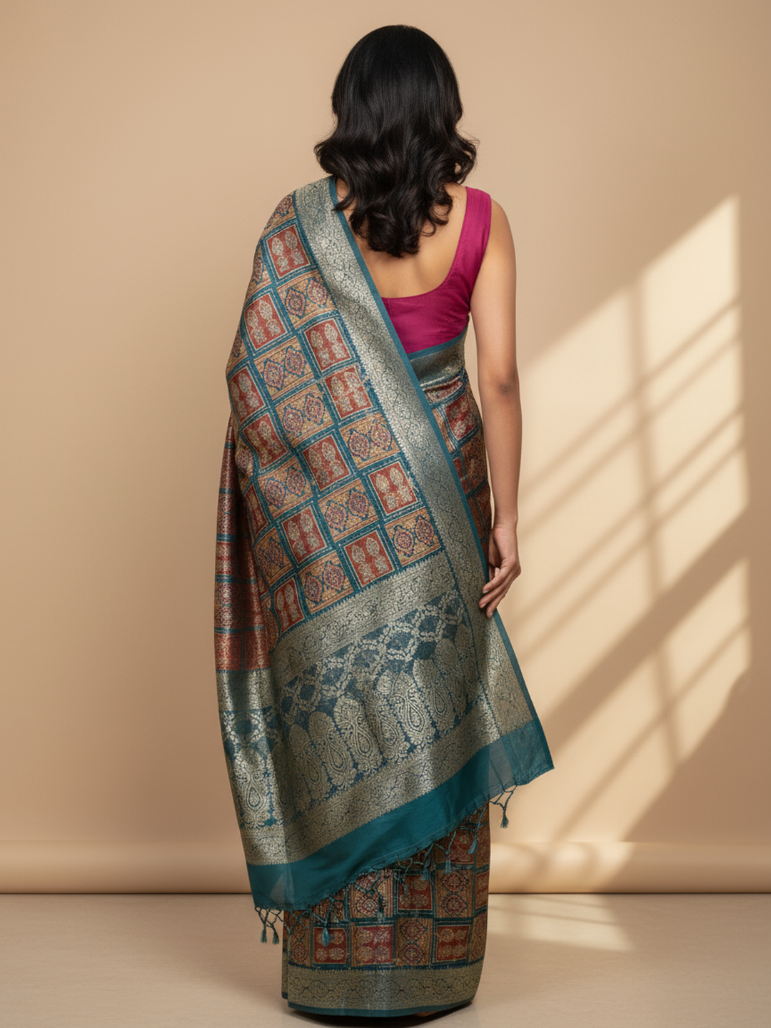  Blue Printed Silk Blend Saree With Unstitched Blouse Piece 
