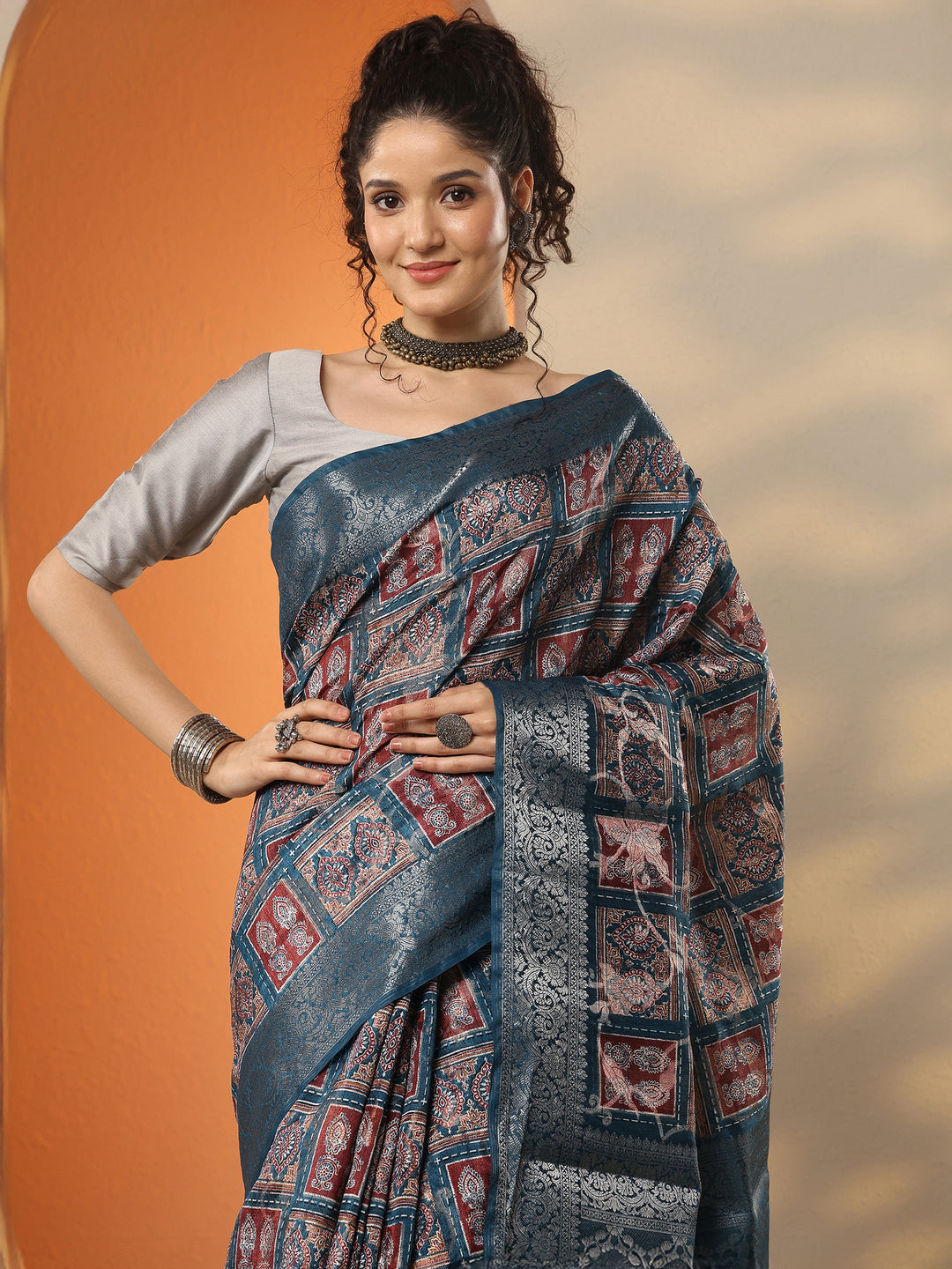  Blue Printed Silk Blend Saree With Unstitched Blouse Piece 