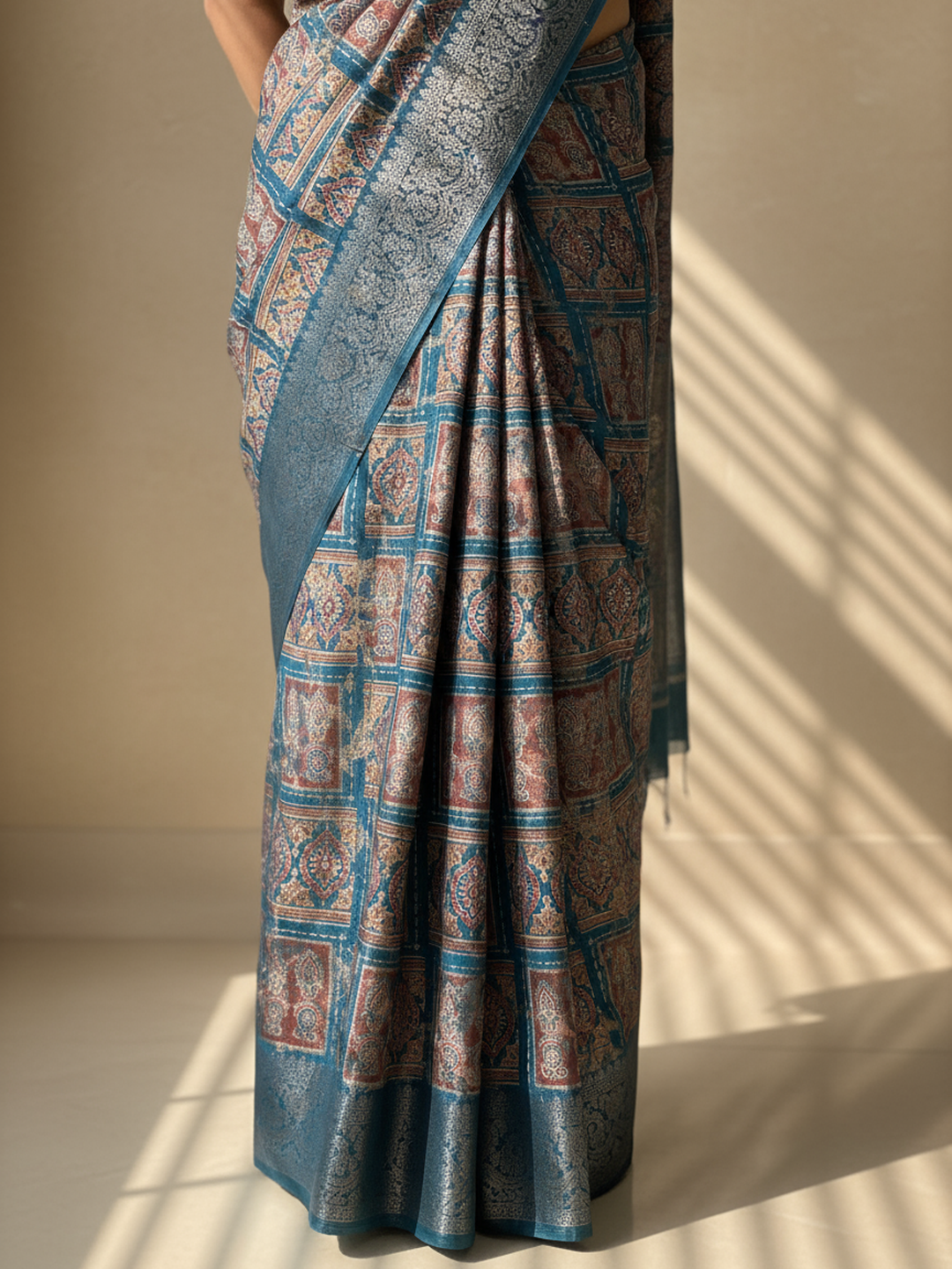  Blue Printed Silk Blend Saree With Unstitched Blouse Piece 