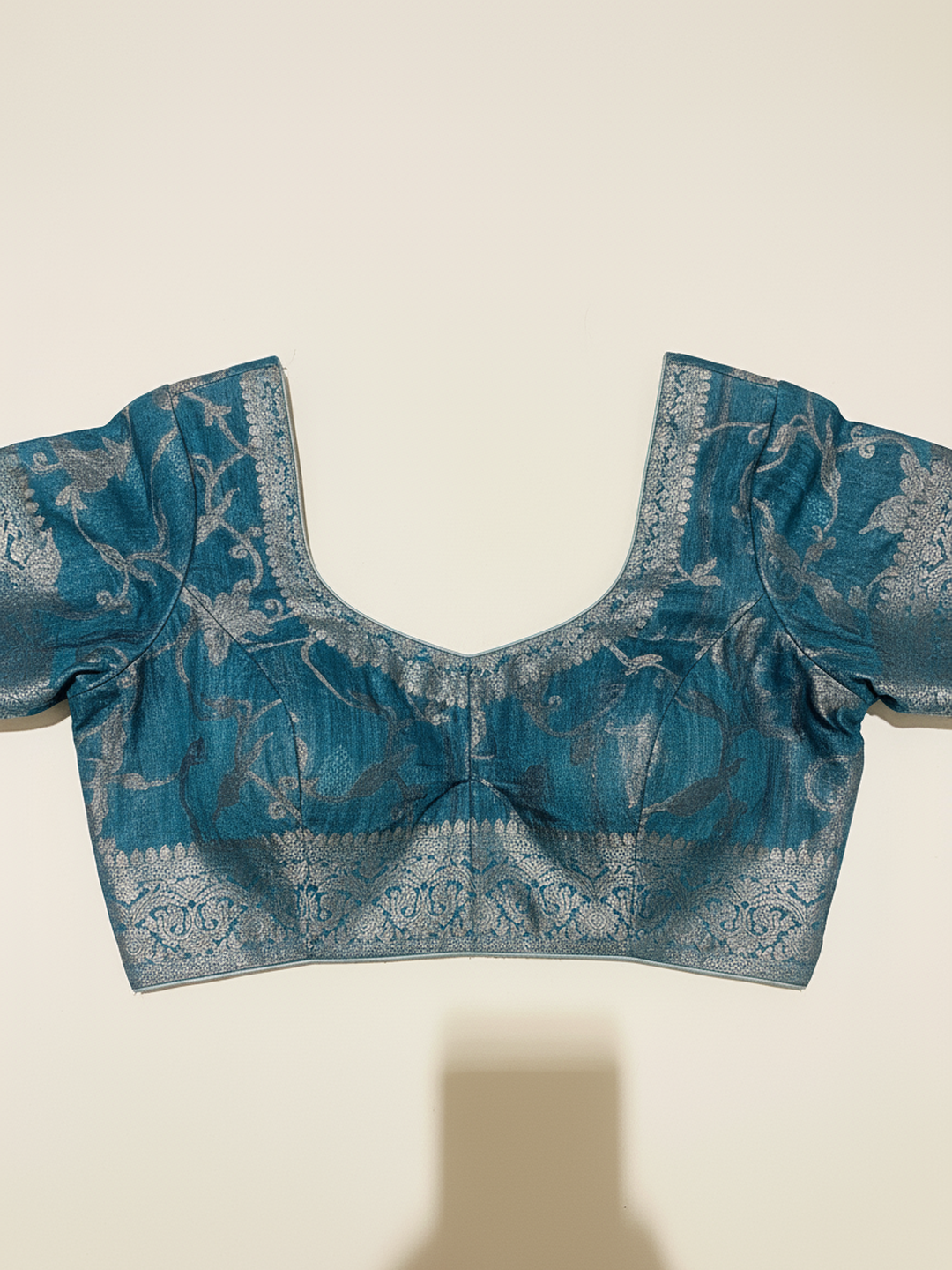  Blue Printed Silk Blend Saree With Unstitched Blouse Piece 