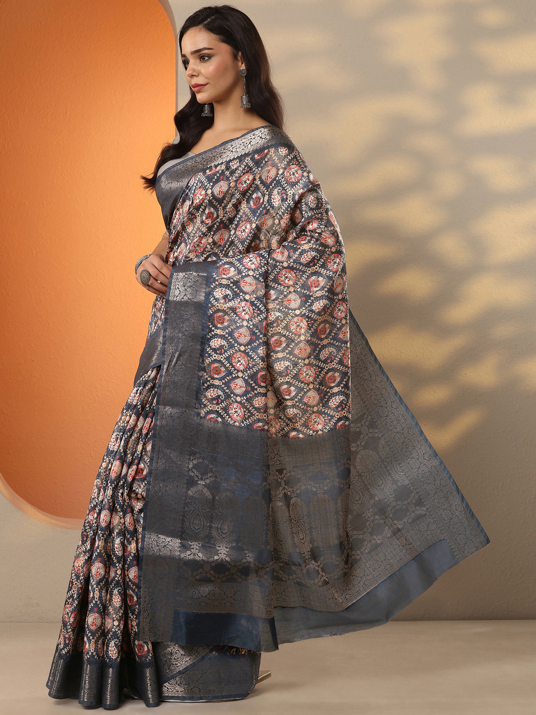  Blue Printed Silk Blend Saree With Unstitched Blouse Piece 