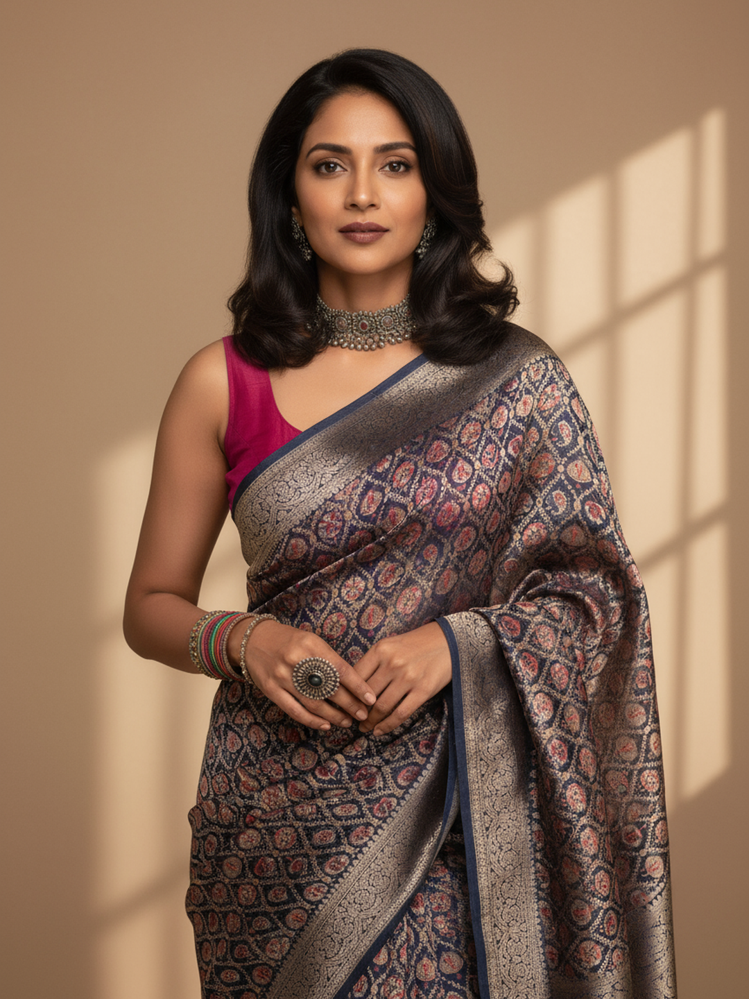 Blue Printed Silk Blend Saree With Unstitched Blouse Piece 