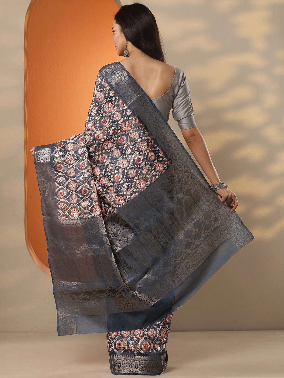  Blue Printed Silk Blend Saree With Unstitched Blouse Piece 