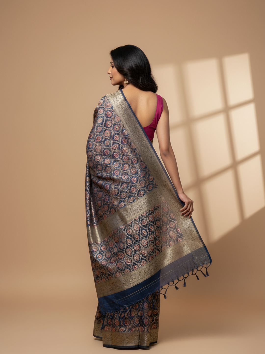  Blue Printed Silk Blend Saree With Unstitched Blouse Piece 