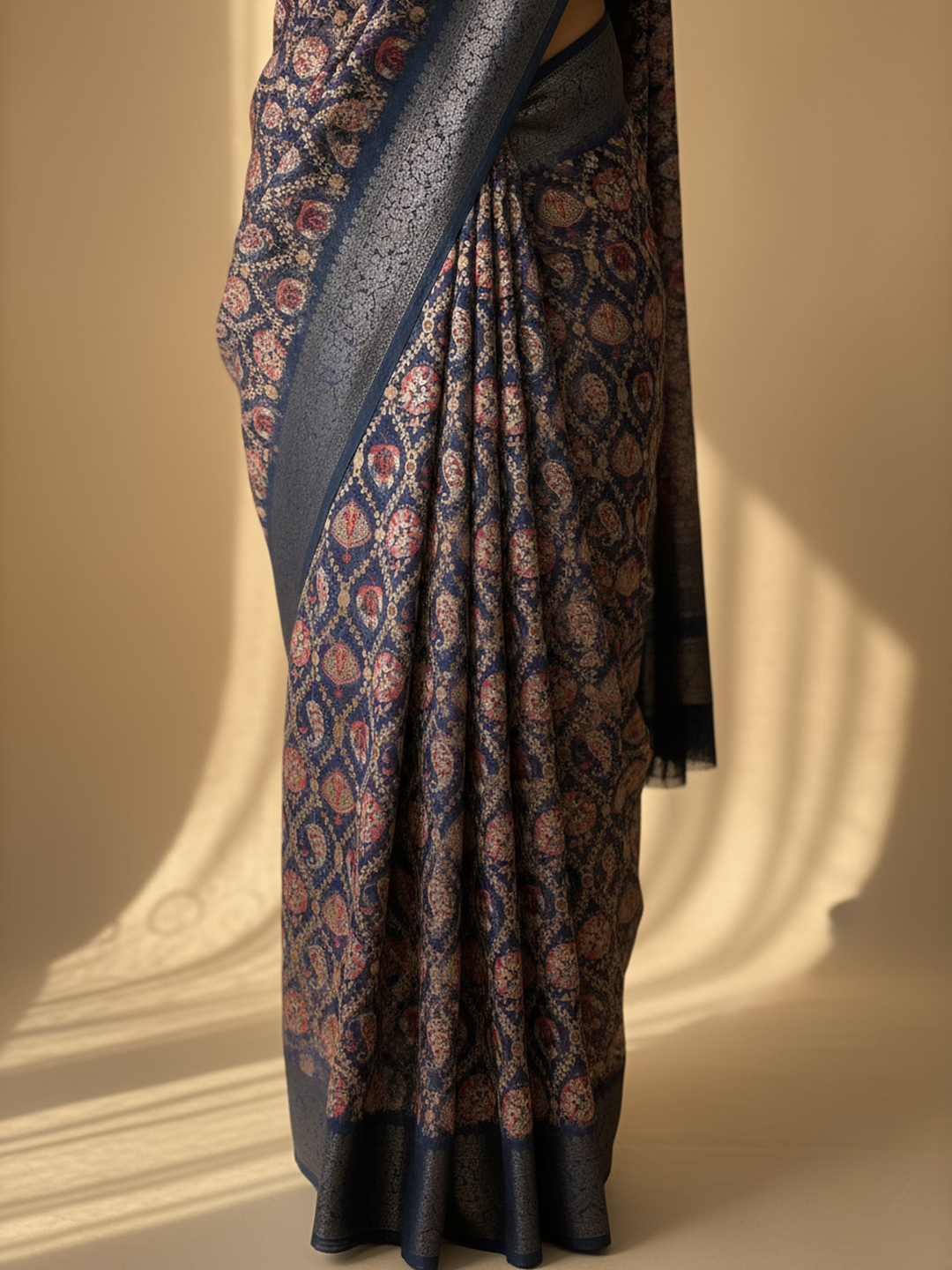  Blue Printed Silk Blend Saree With Unstitched Blouse Piece 