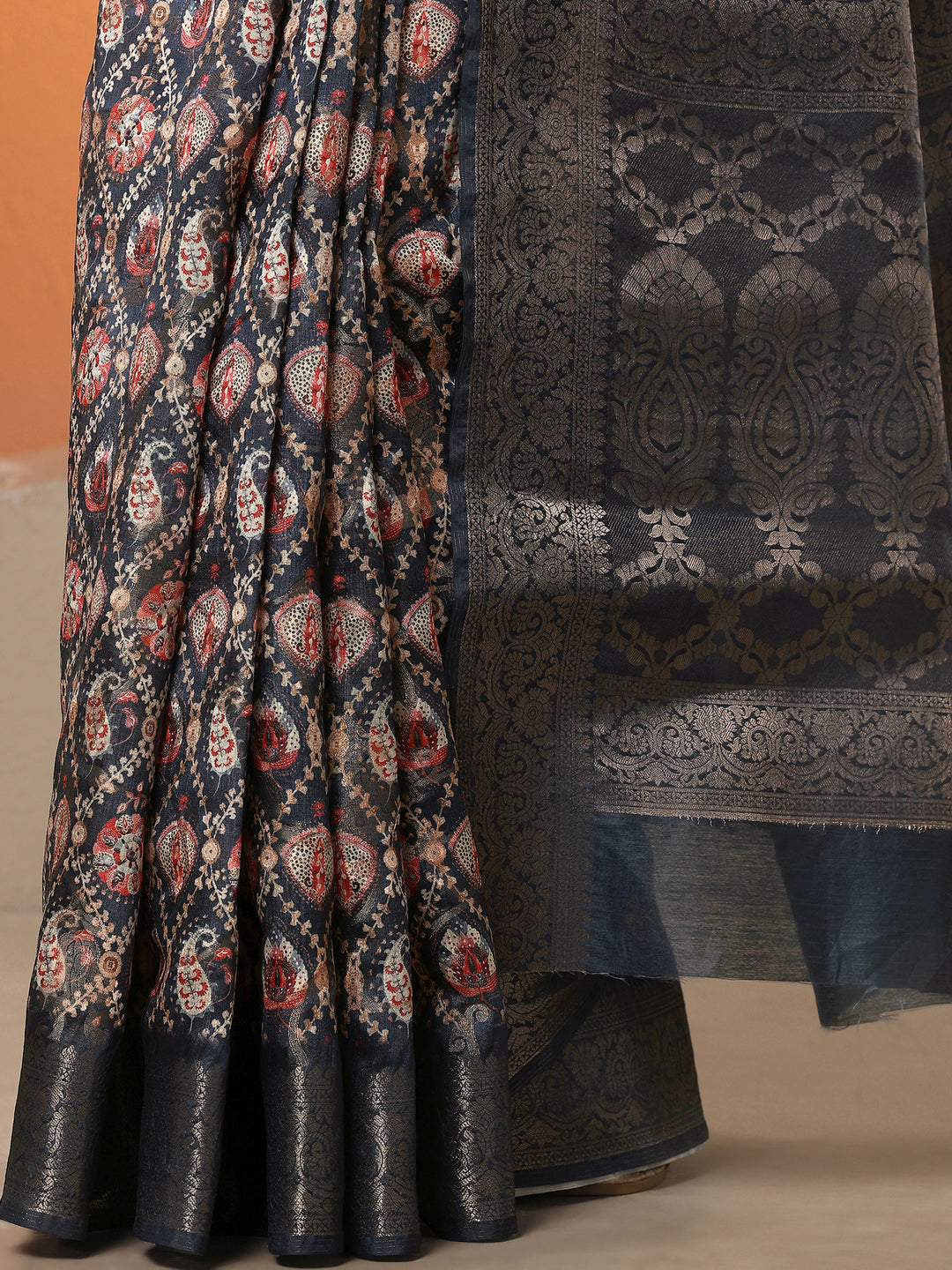  Blue Printed Silk Blend Saree With Unstitched Blouse Piece 