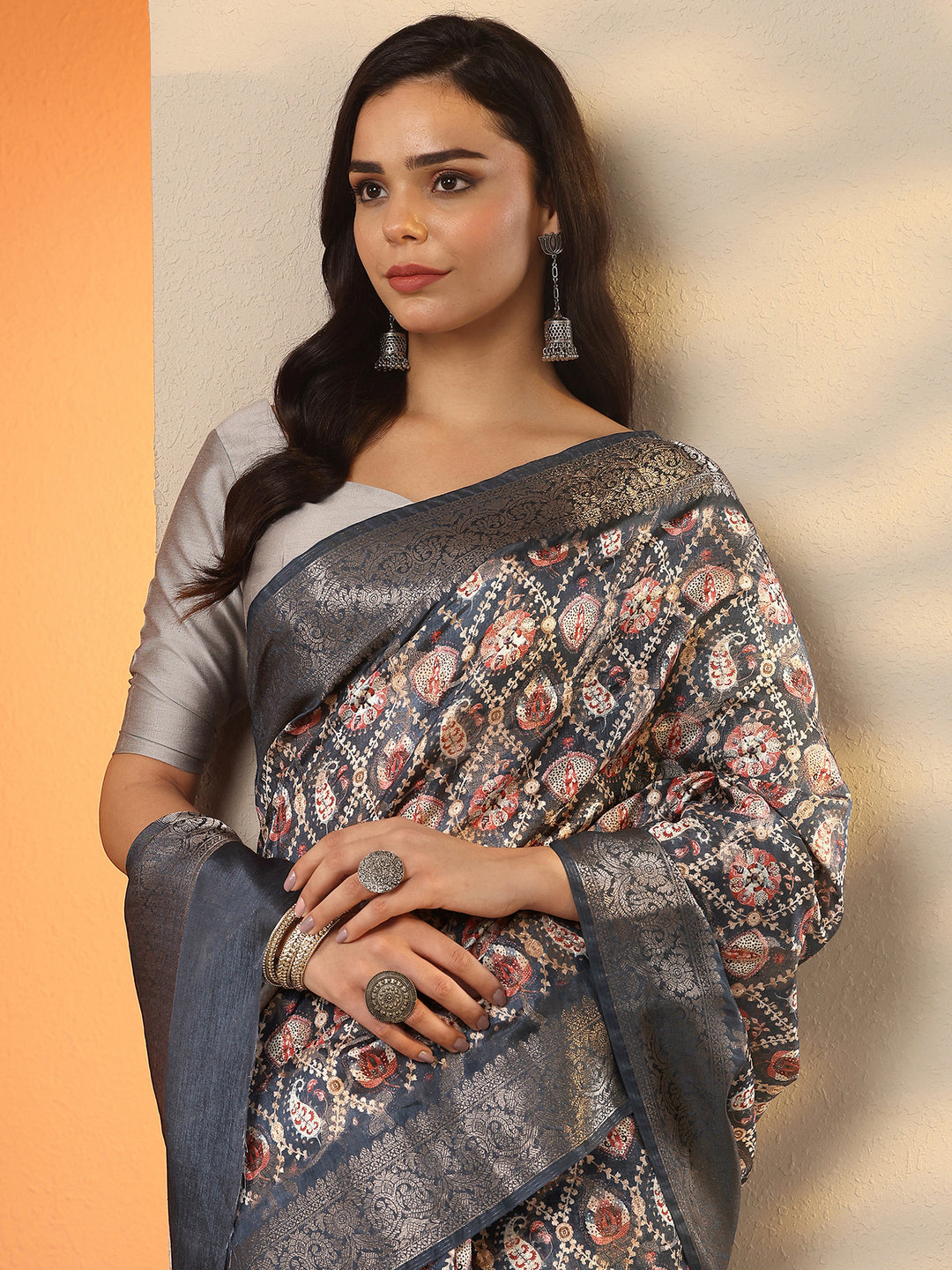  Blue Printed Silk Blend Saree With Unstitched Blouse Piece 