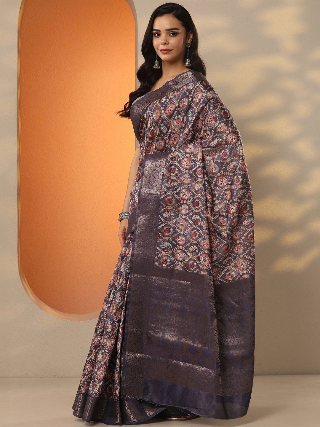  Purple Printed Silk Blend Saree With Unstitched Blouse Piece 